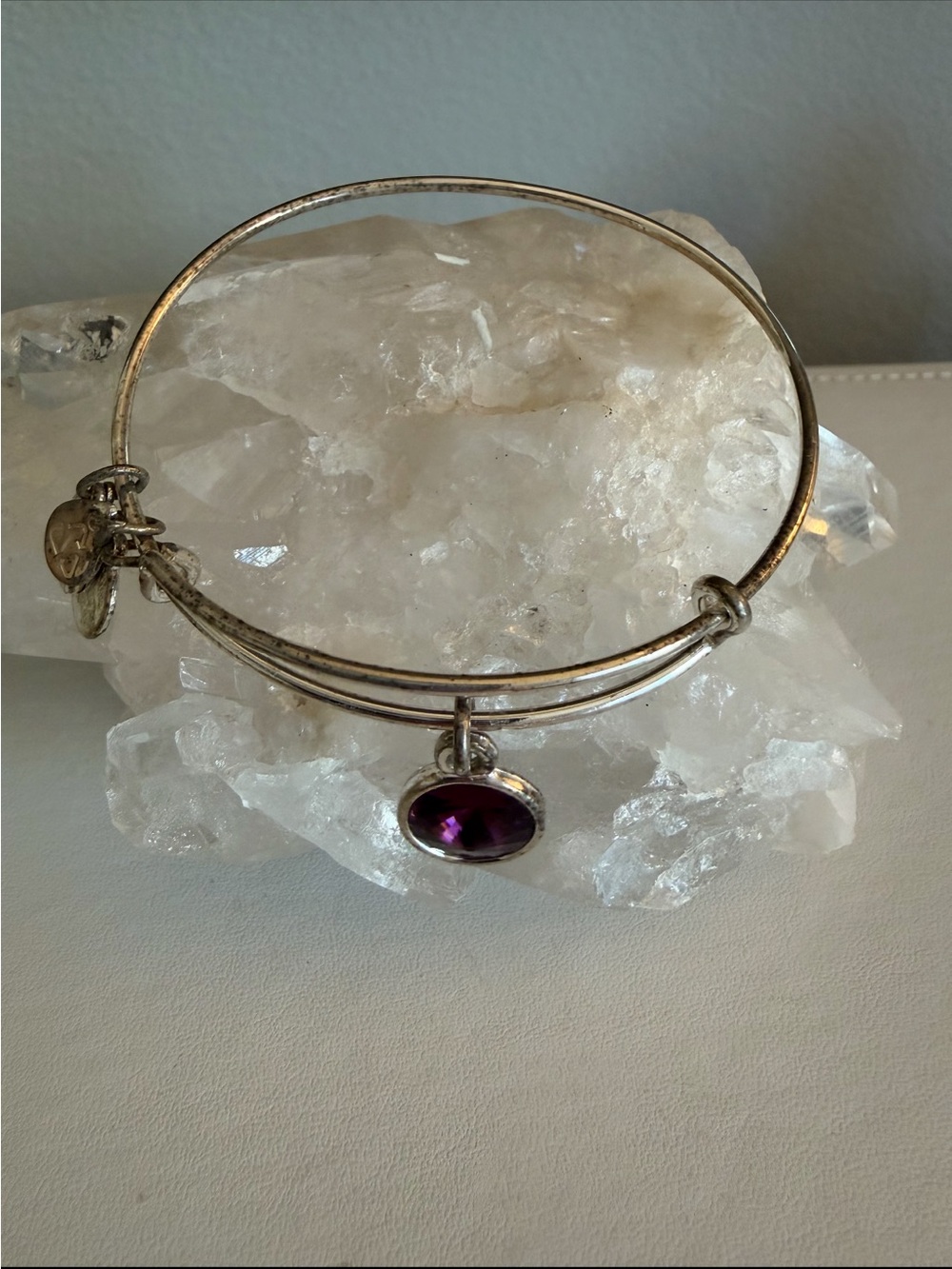 Alex and Ani Silver Bangle with Deep Purple Faceted Charm